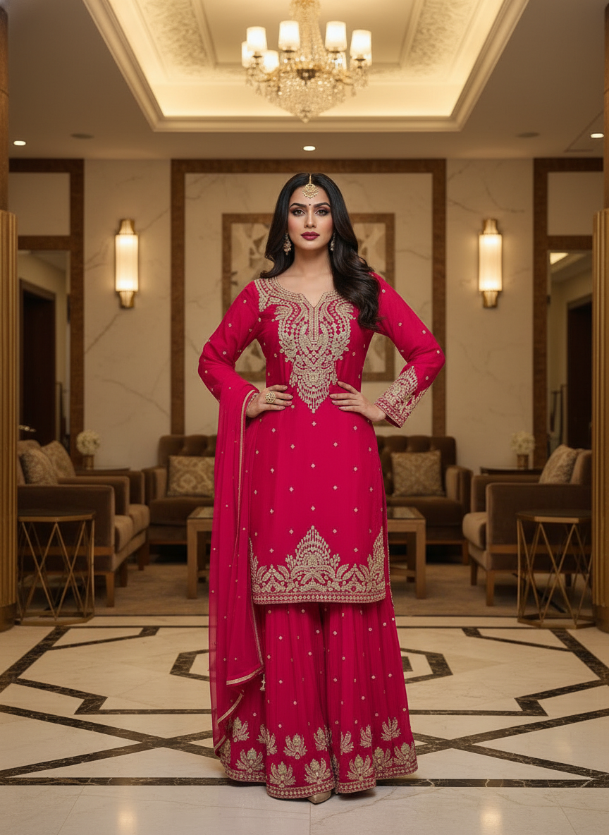 Hot Pink Embroidered Kurta Sharara Set with Dupatta - Image 5