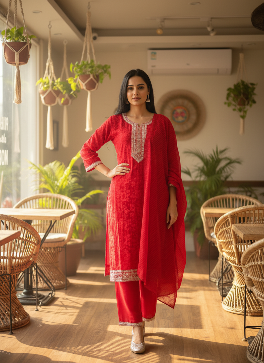 Elegant Red Embroidered Kurta Set with Matching Dupatta - Image 5