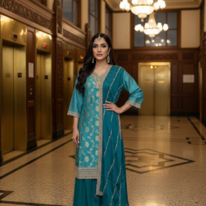 Teal Blue Embroidered Kurta Set with Palazzo & Dupatta