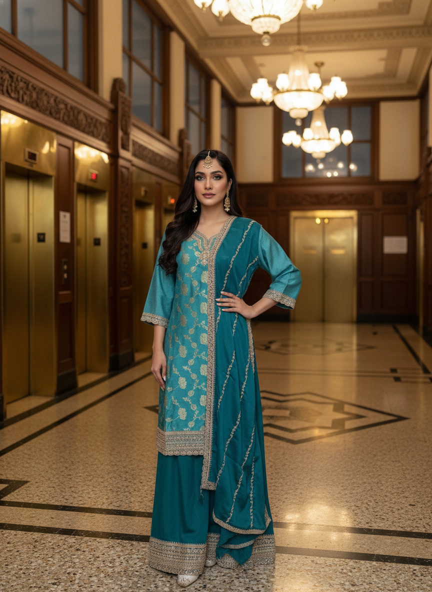 Teal Blue Embroidered Kurta Set with Palazzo & Dupatta