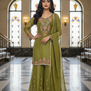 Olive Green Embroidered Kurta Set with Palazzo & Dupatta