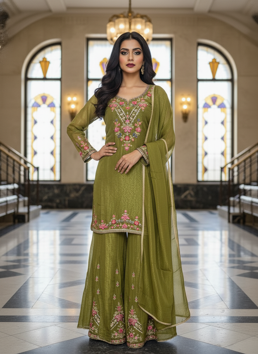 Olive Green Embroidered Kurta Set with Palazzo & Dupatta