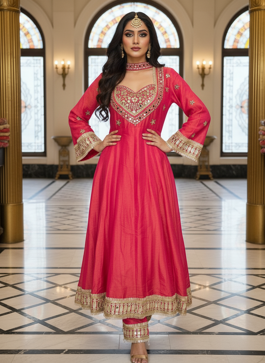 Royal Ruby Embroidered Anarkali Suit with Churidar & Dupatta - Image 4