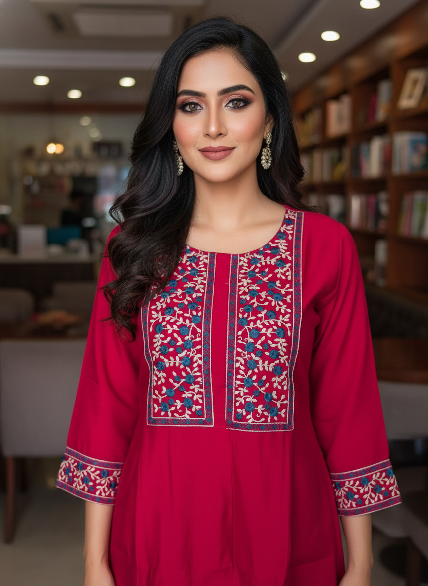 Pink Muslin Thread Embroidered Kurta Pant Co-Ord Set for Women