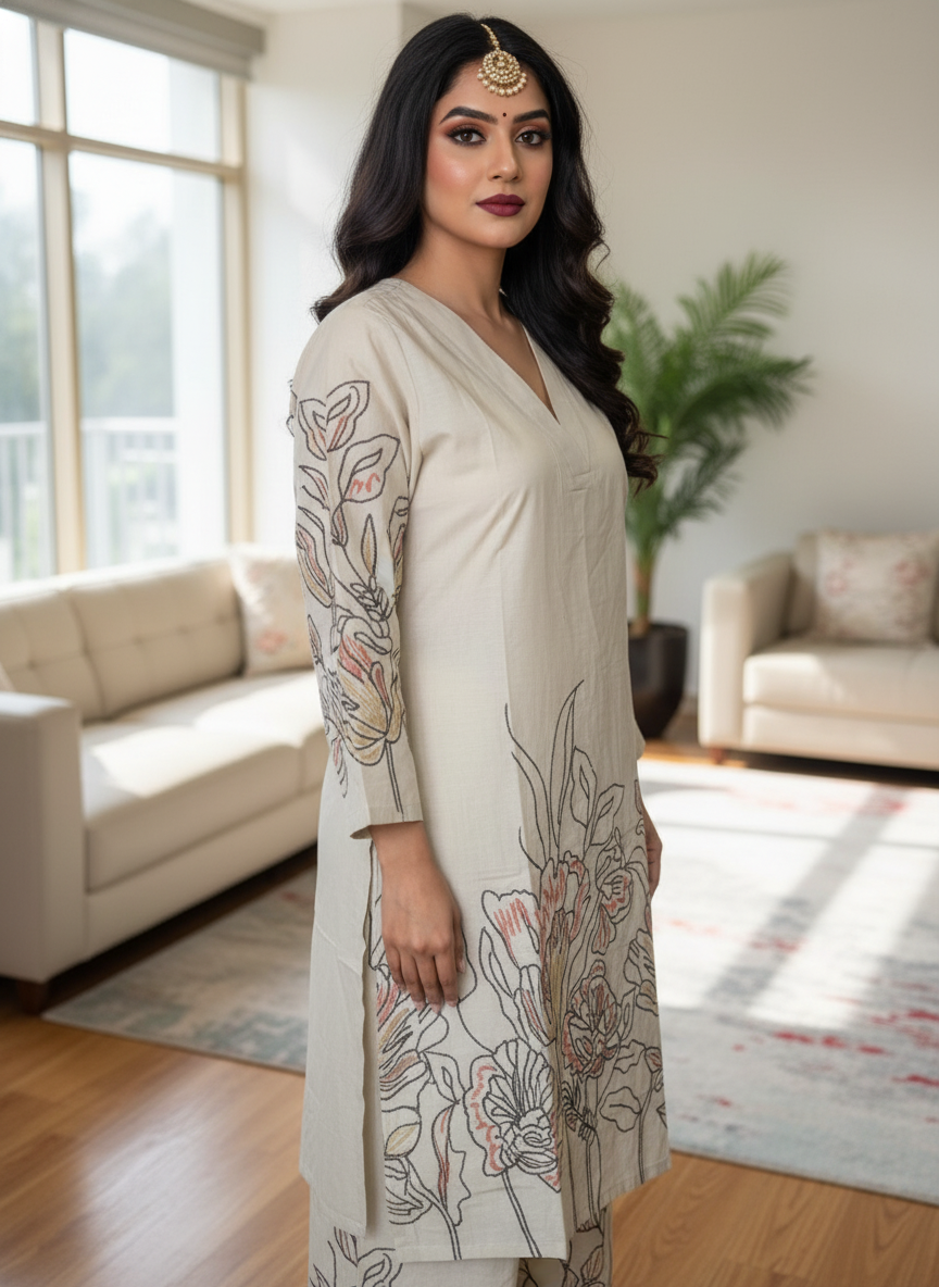 Beige Pure Cotton Kurta Set with Thread Work Floral Detailing - Image 5