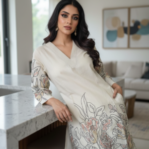 Beige Pure Cotton Kurta Set with Thread Work Floral Detailing