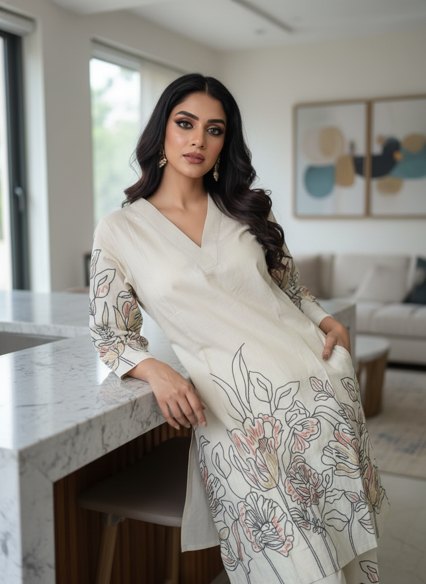 Beige Pure Cotton Kurta Set with Thread Work Floral Detailing