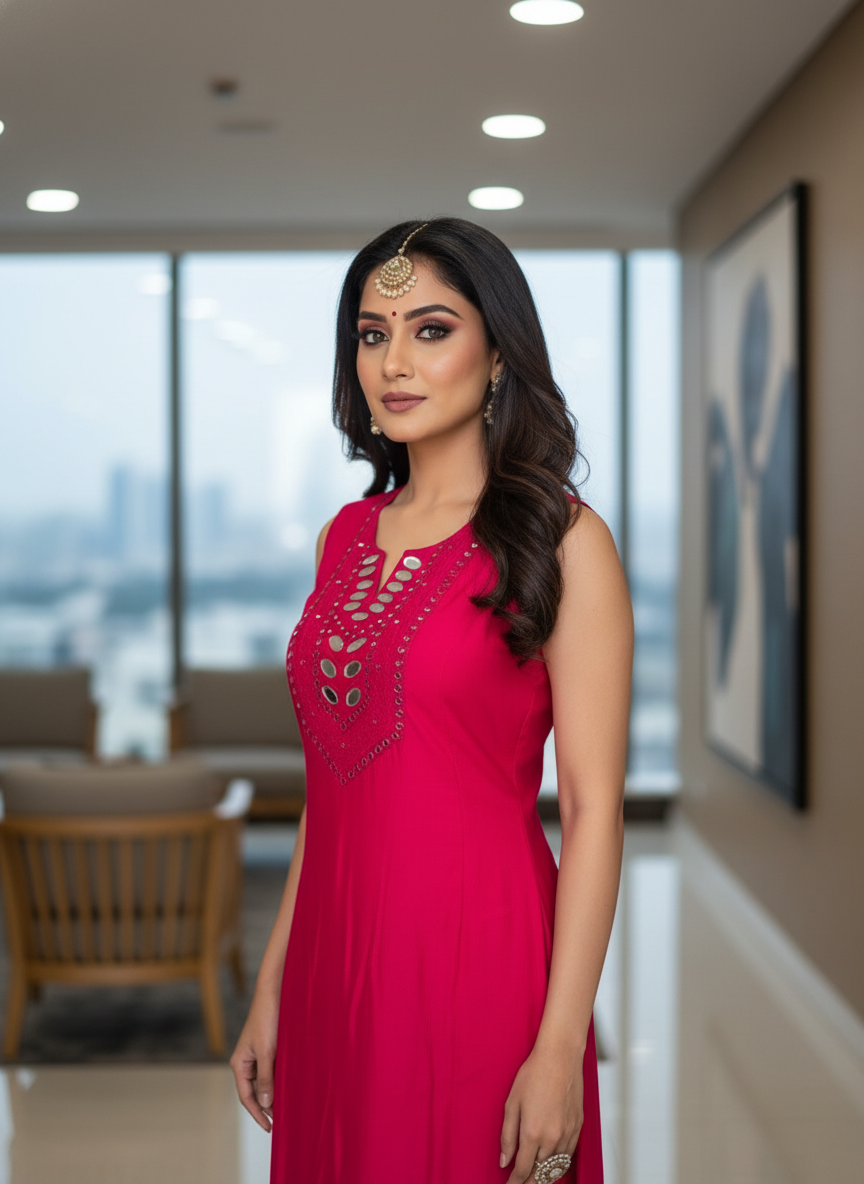 Pink Cotton Silk Long A-Line Kurta with Mirror Work & Tie-Back Detail - Image 2