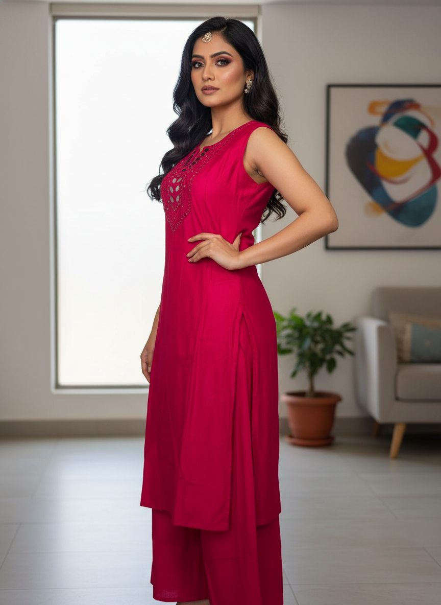 Pink Cotton Silk Long A-Line Kurta with Mirror Work & Tie-Back Detail - Image 3