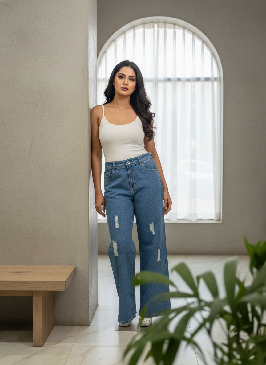 Women’s High Waist Wide Leg Blue Jeans - Image 2