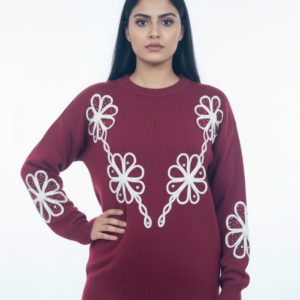 Wine Floral Hand-Embroidered Knit Sweater for Women