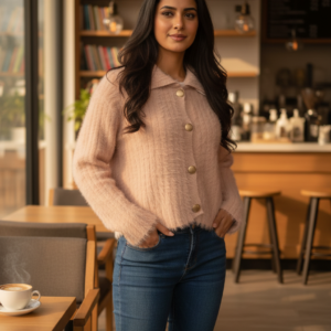 Women’s Blush Pink Fuzzy Knit Button Cardigan