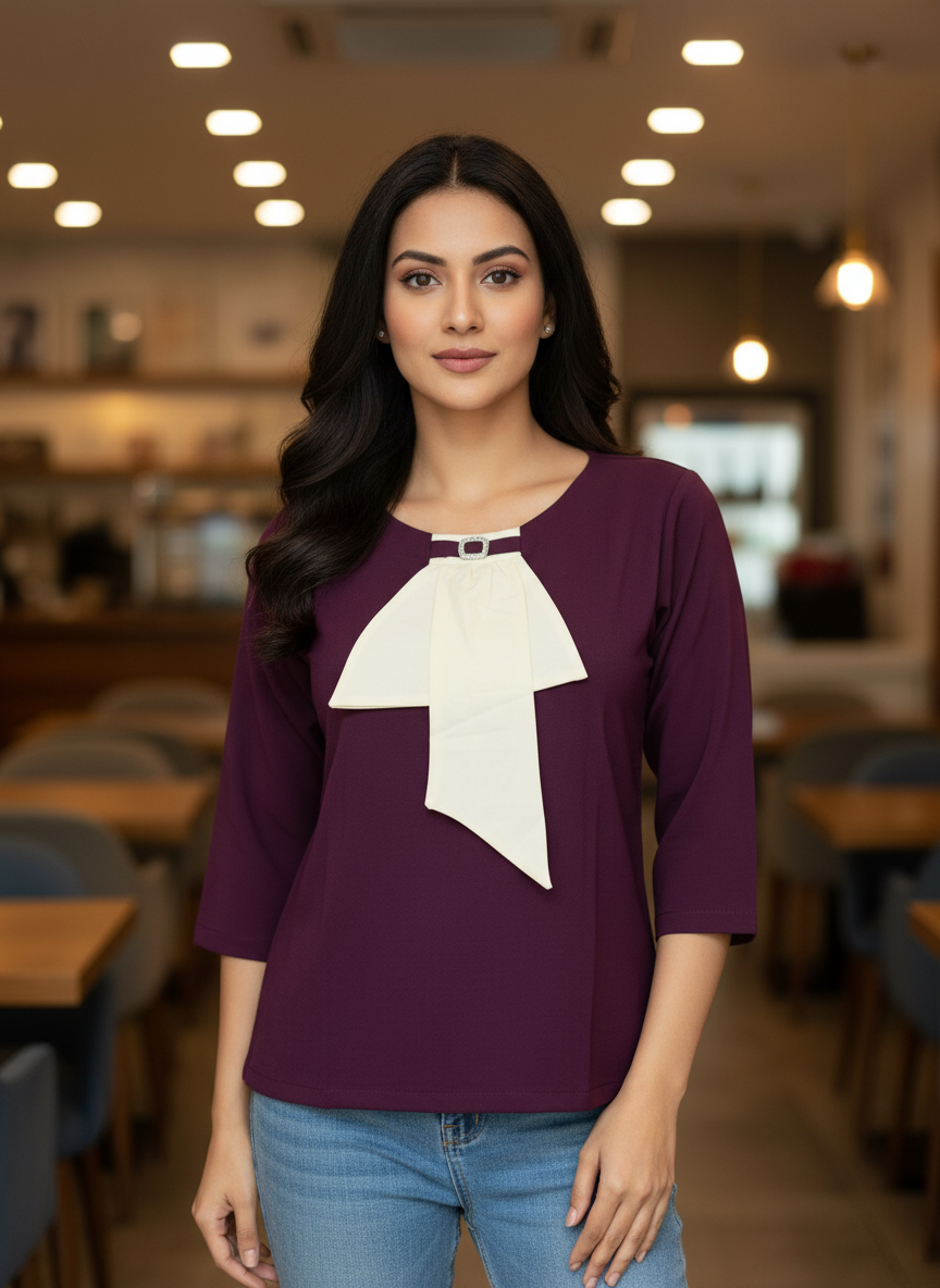 Women’s Solid Wine Top with Contrast Bow - Image 3