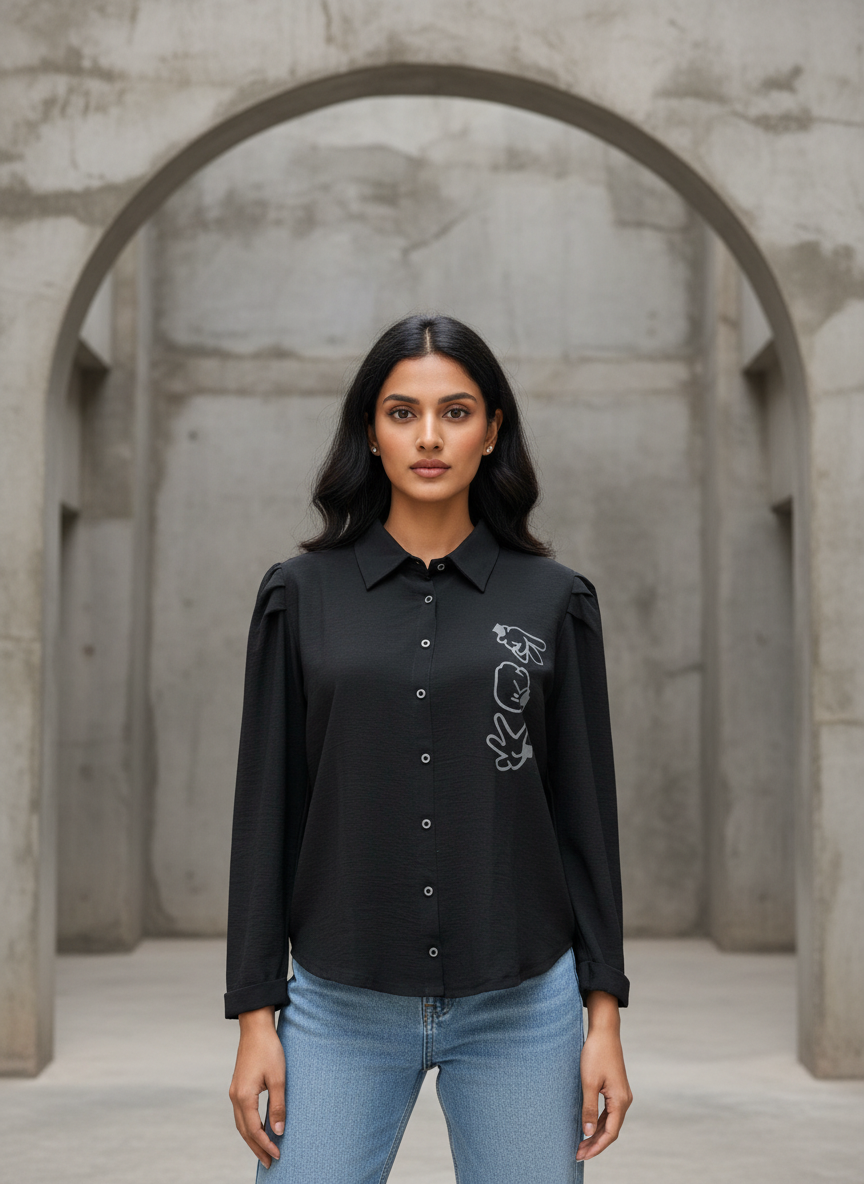 Women’s Black Printed Casual Top with Button-Down Front - Image 3