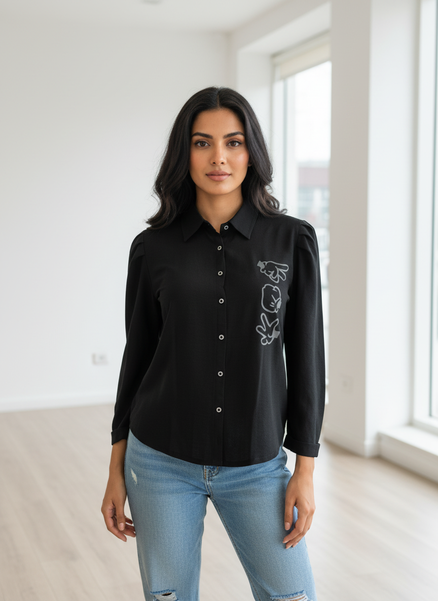 Women’s Black Printed Casual Top with Button-Down Front - Image 2