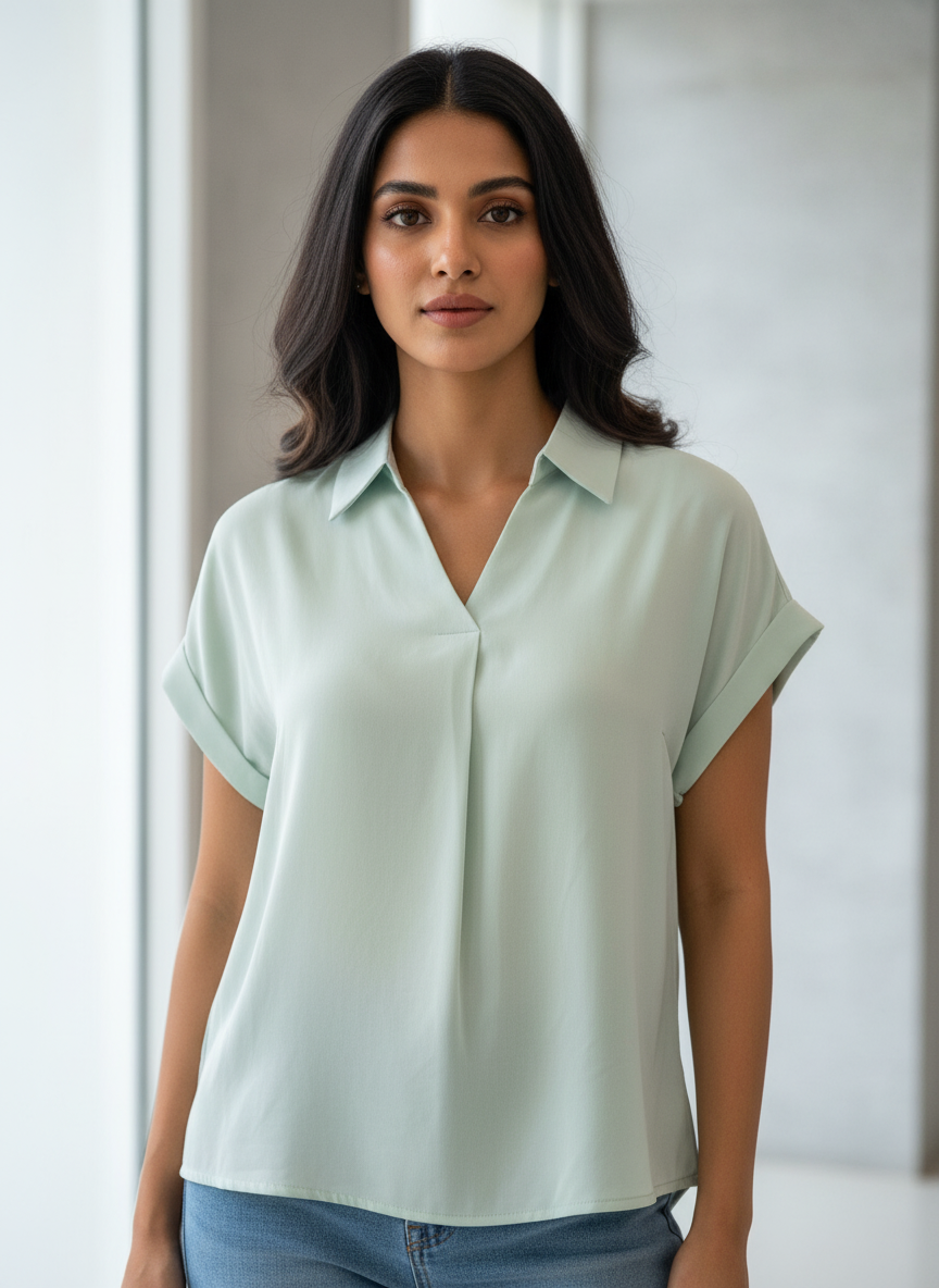 Women’s Mint Green Solid Casual Top with V-Neck - Image 4