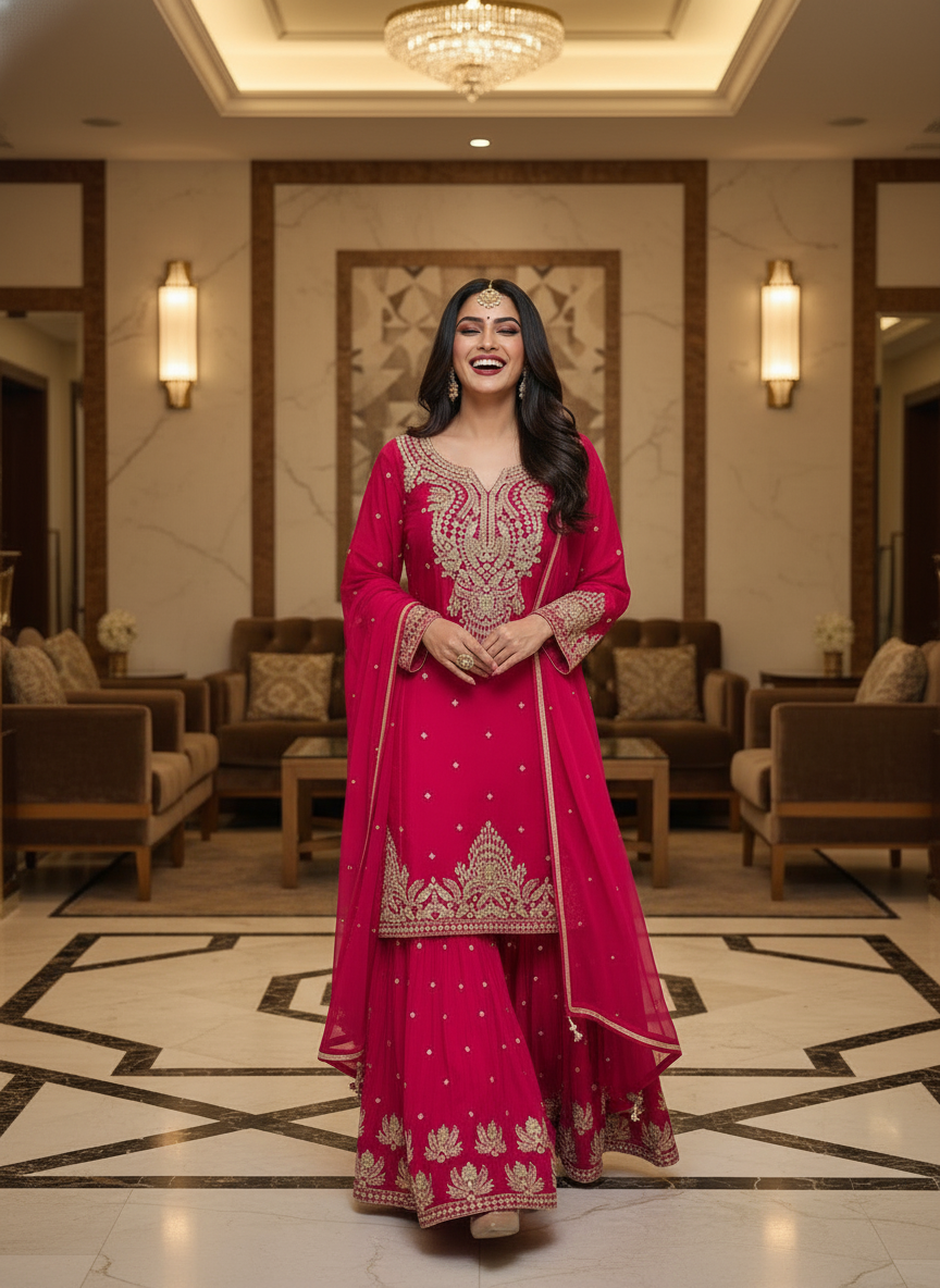 Hot Pink Embroidered Kurta Sharara Set with Dupatta - Image 4