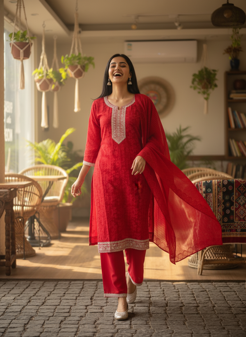 Elegant Red Embroidered Kurta Set with Matching Dupatta - Image 4