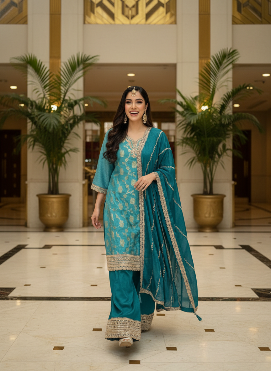 Teal Blue Embroidered Kurta Set with Palazzo & Dupatta - Image 4