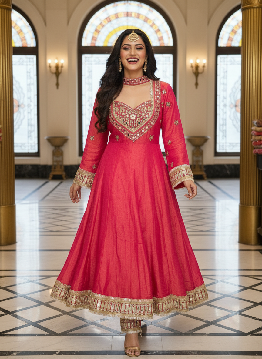 Royal Ruby Embroidered Anarkali Suit with Churidar & Dupatta - Image 3
