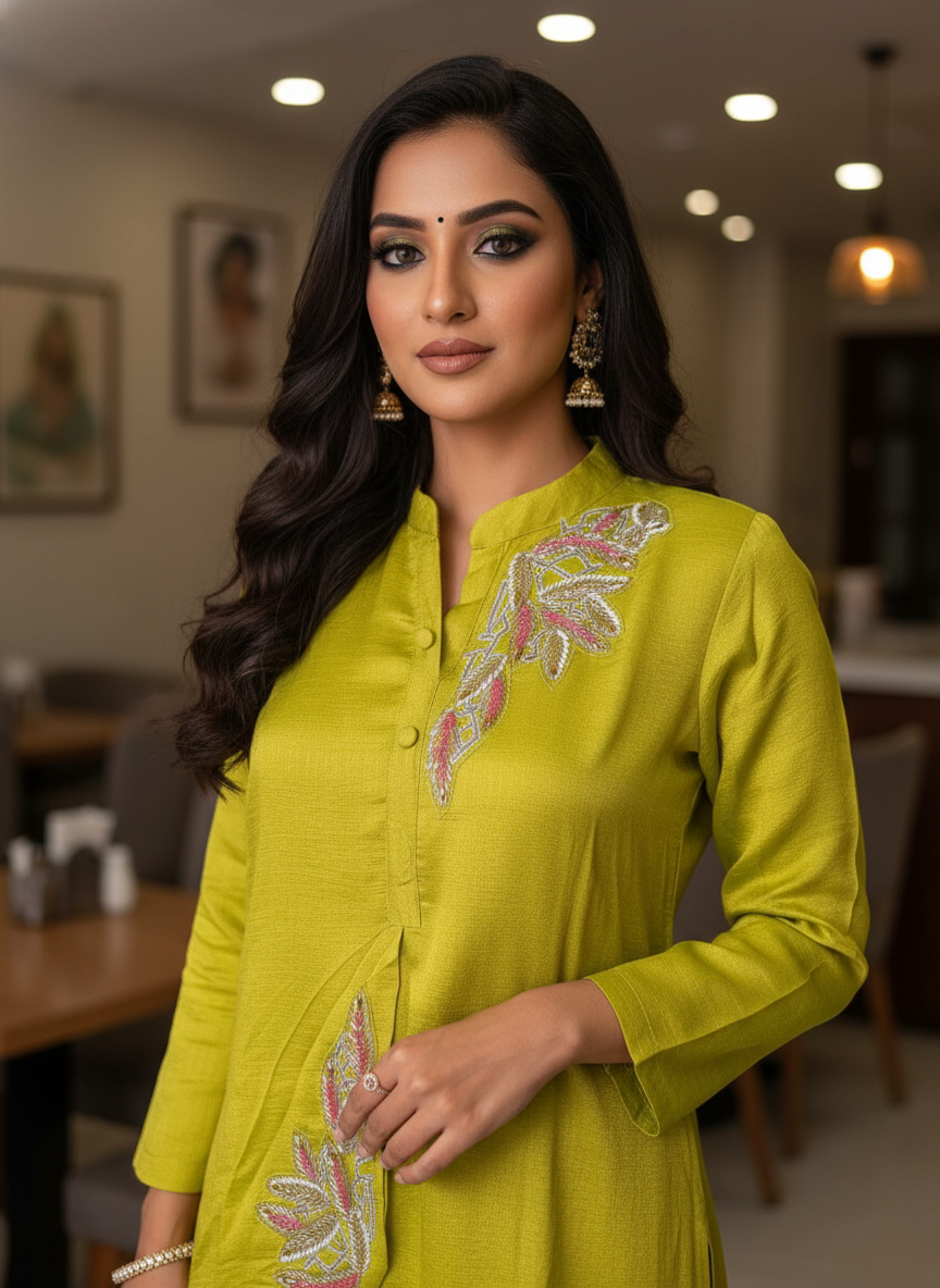 Lemon Yellow Muslin Coord Set with Cut Dana Patch Work - Image 3