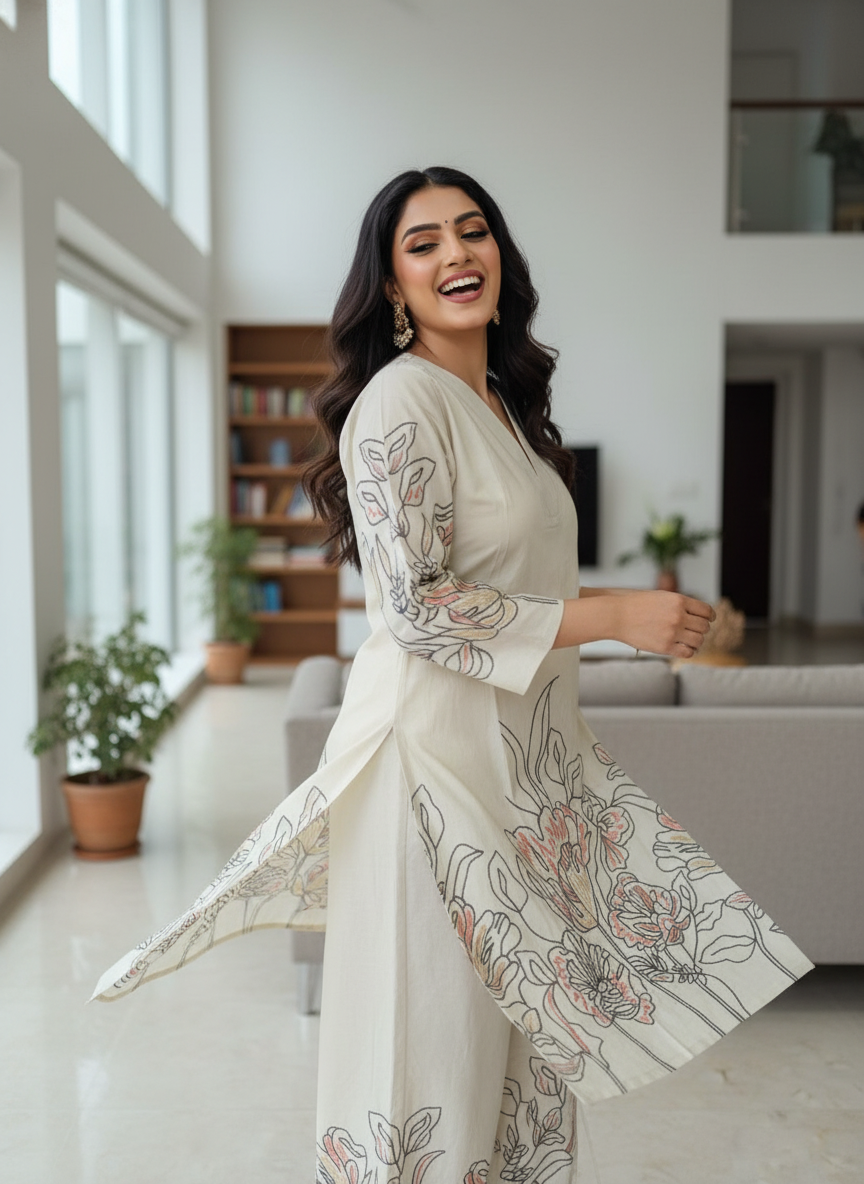 Beige Pure Cotton Kurta Set with Thread Work Floral Detailing - Image 3