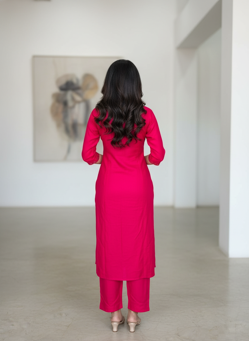 Pink Cotton Silk Long A-Line Kurta with Mirror Work & Tie-Back Detail - Image 5