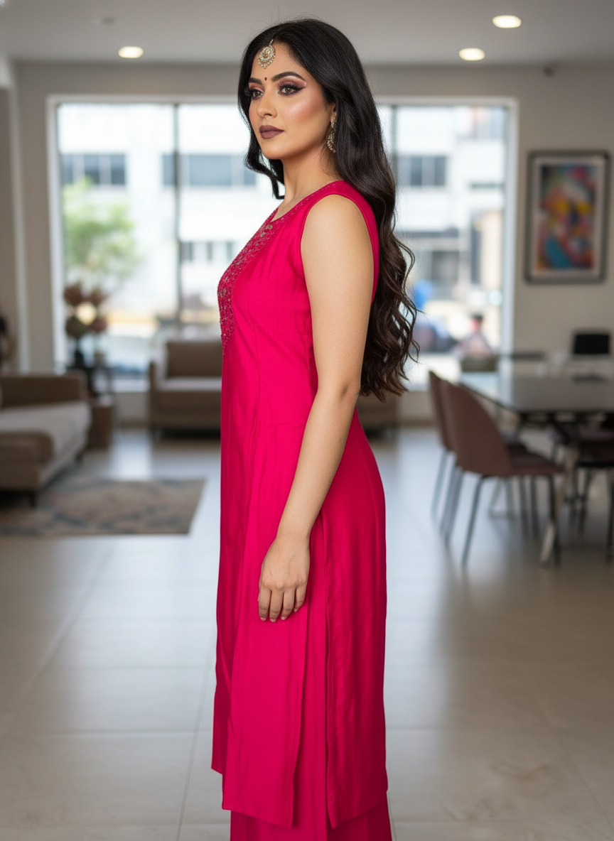 Pink Cotton Silk Long A-Line Kurta with Mirror Work & Tie-Back Detail - Image 6