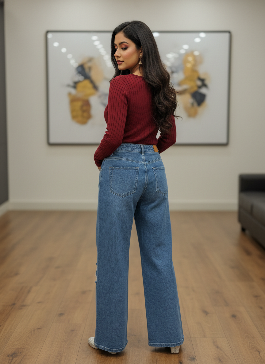 Women’s High Waist Wide Leg Blue Jeans - Image 3