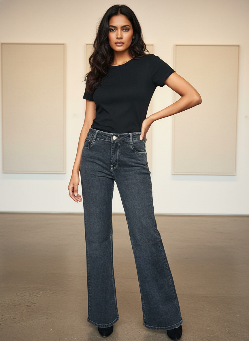 Women’s High Waist Dark Grey Wide Leg Jeans