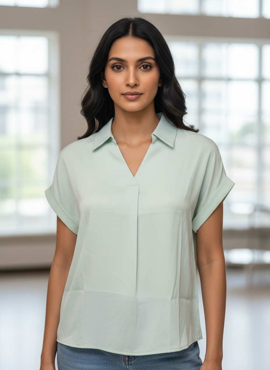 Women’s Mint Green Solid Casual Top with V-Neck