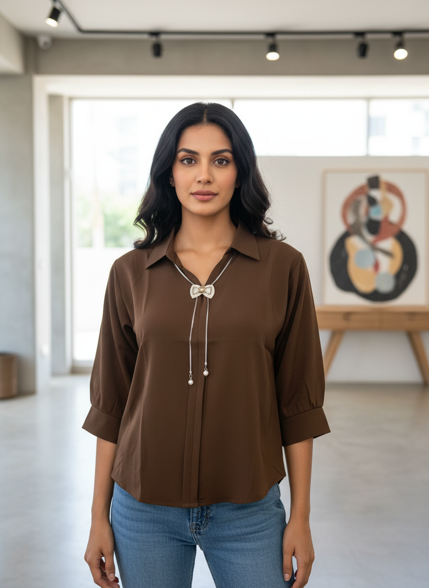 Women’s Brown Solid Casual Top - Image 3