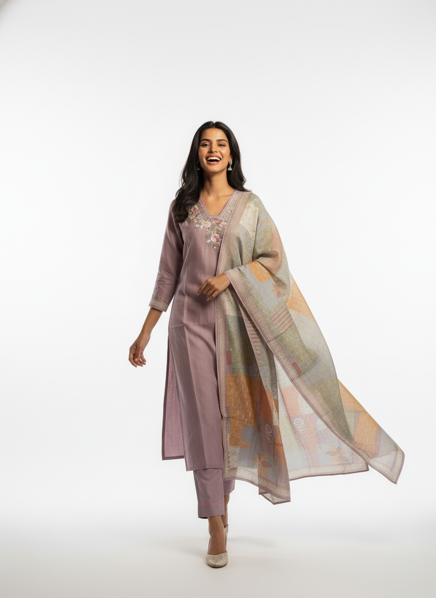 Mauve Embroidered Kurta Set with Printed Dupatta for Women - Image 3