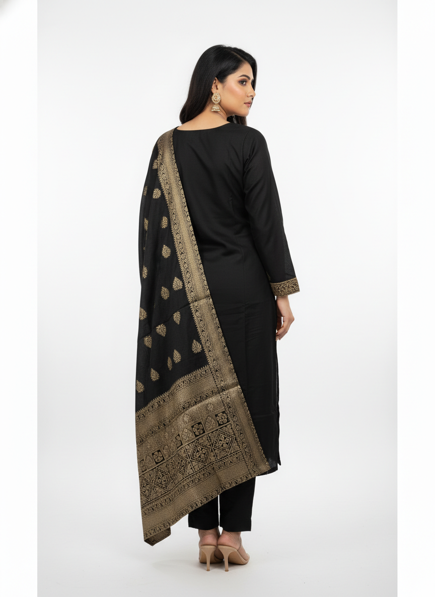 Black Kurta Pant Dupatta Set with Gold Woven Borde - Image 4
