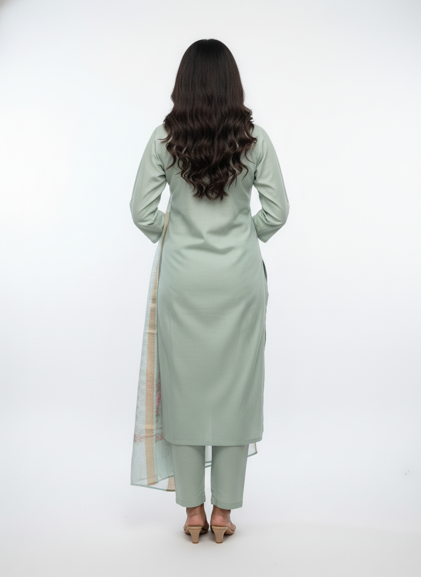 Mint Green Embroidered Kurta Set with Floral Printed Dupatta - Image 5