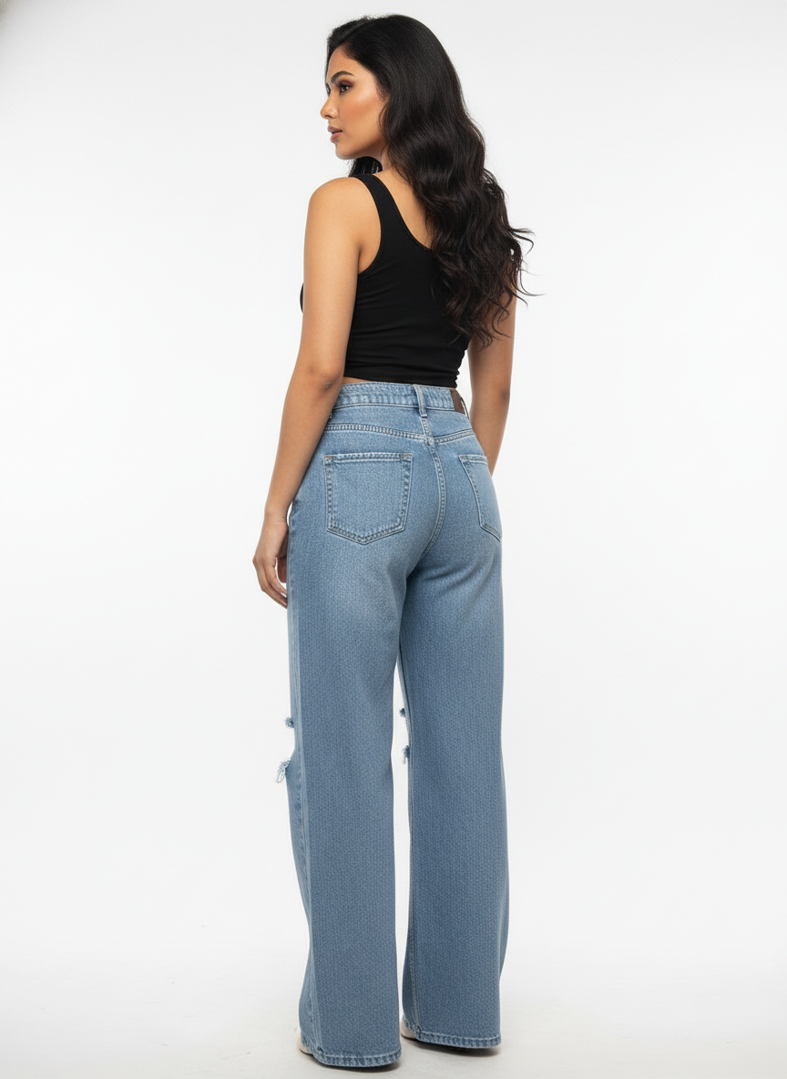 Women’s High Waist Distressed Wide Leg Blue Jeans - Image 3