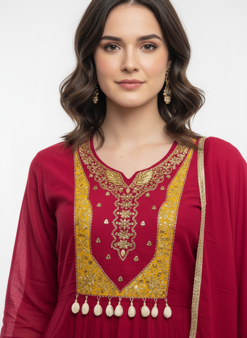 Hot Pink Mul Chanderi Silk A-Line Straight Suit with Zari Work - Image 2