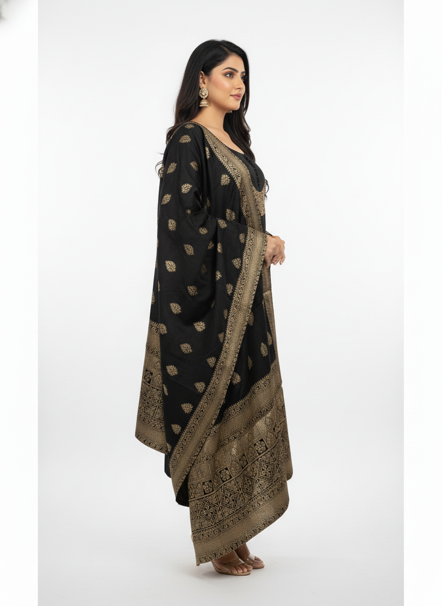 Black Kurta Pant Dupatta Set with Gold Woven Borde - Image 3