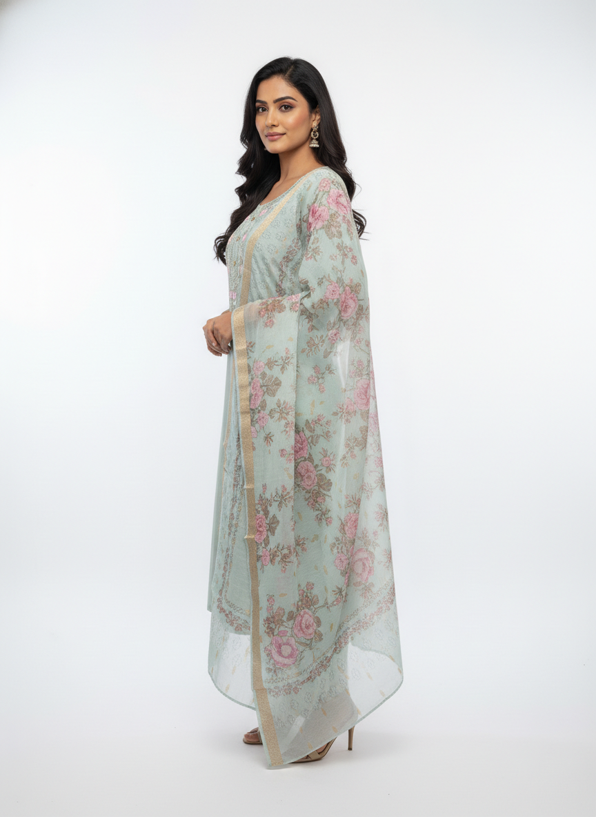 Mint Green Embroidered Kurta Set with Floral Printed Dupatta - Image 4