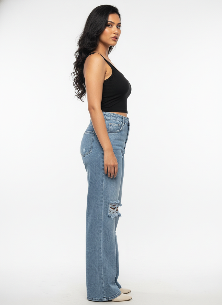 Women’s High Waist Distressed Wide Leg Blue Jeans - Image 4