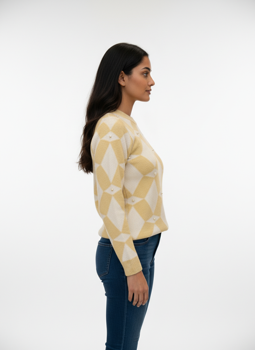 Argyle Knit Pearl-Detail Sweater for Women - Image 4