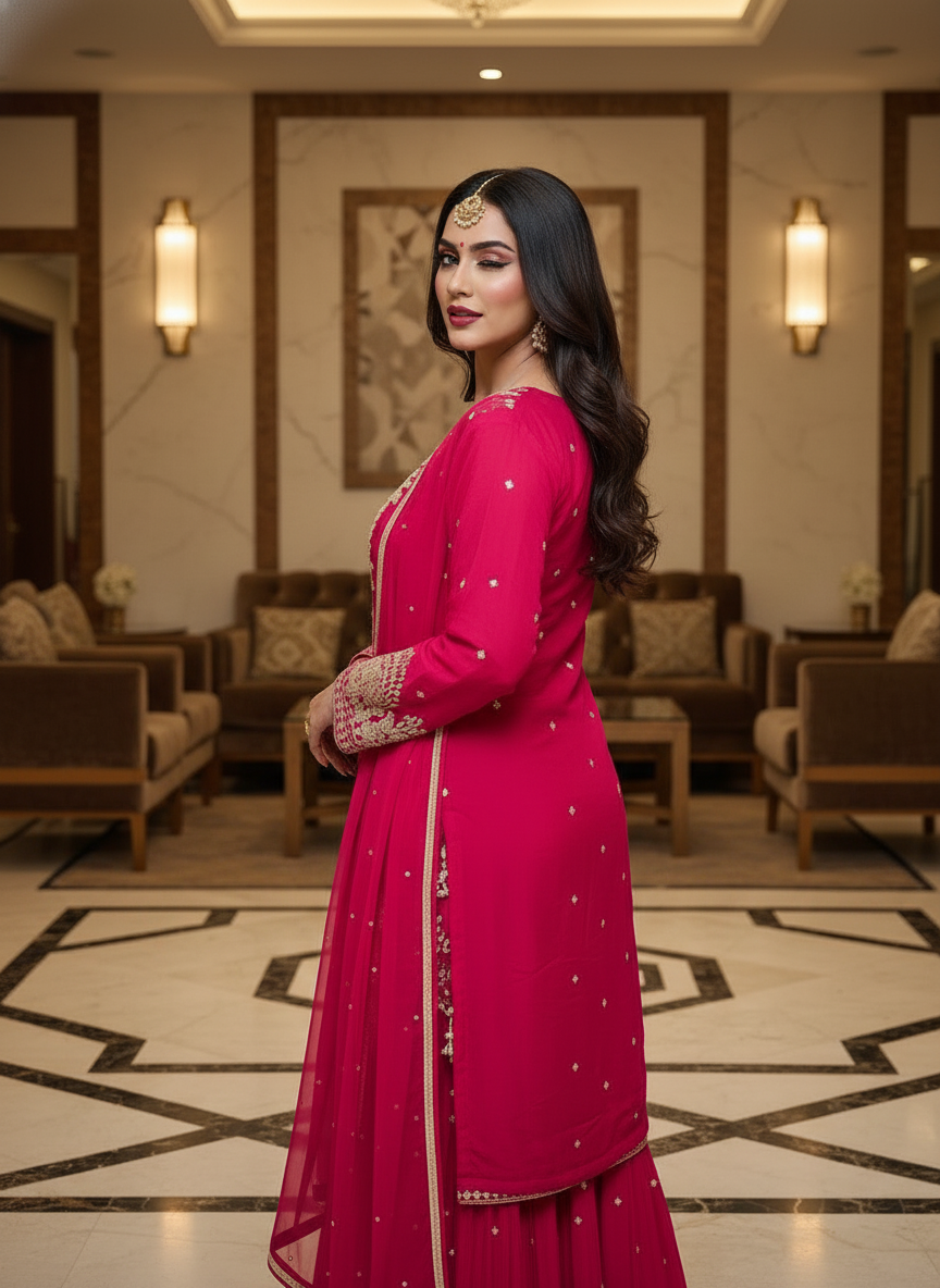 Hot Pink Embroidered Kurta Sharara Set with Dupatta - Image 2