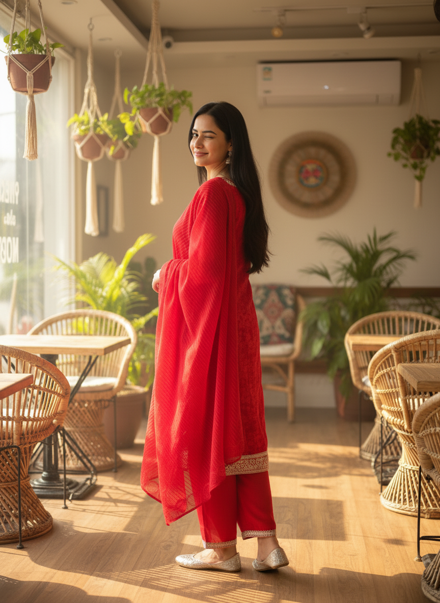 Elegant Red Embroidered Kurta Set with Matching Dupatta - Image 3