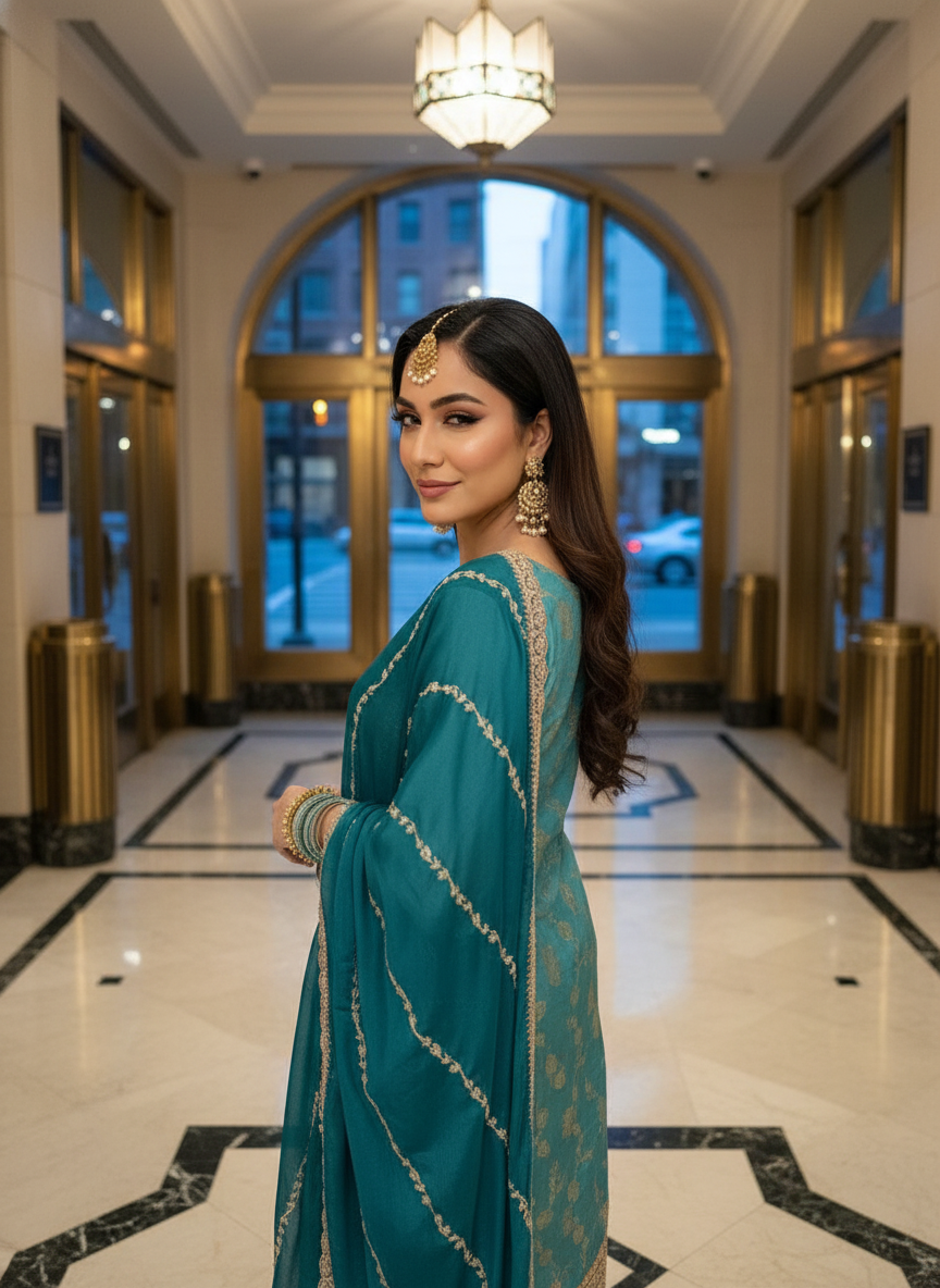 Teal Blue Embroidered Kurta Set with Palazzo & Dupatta - Image 3