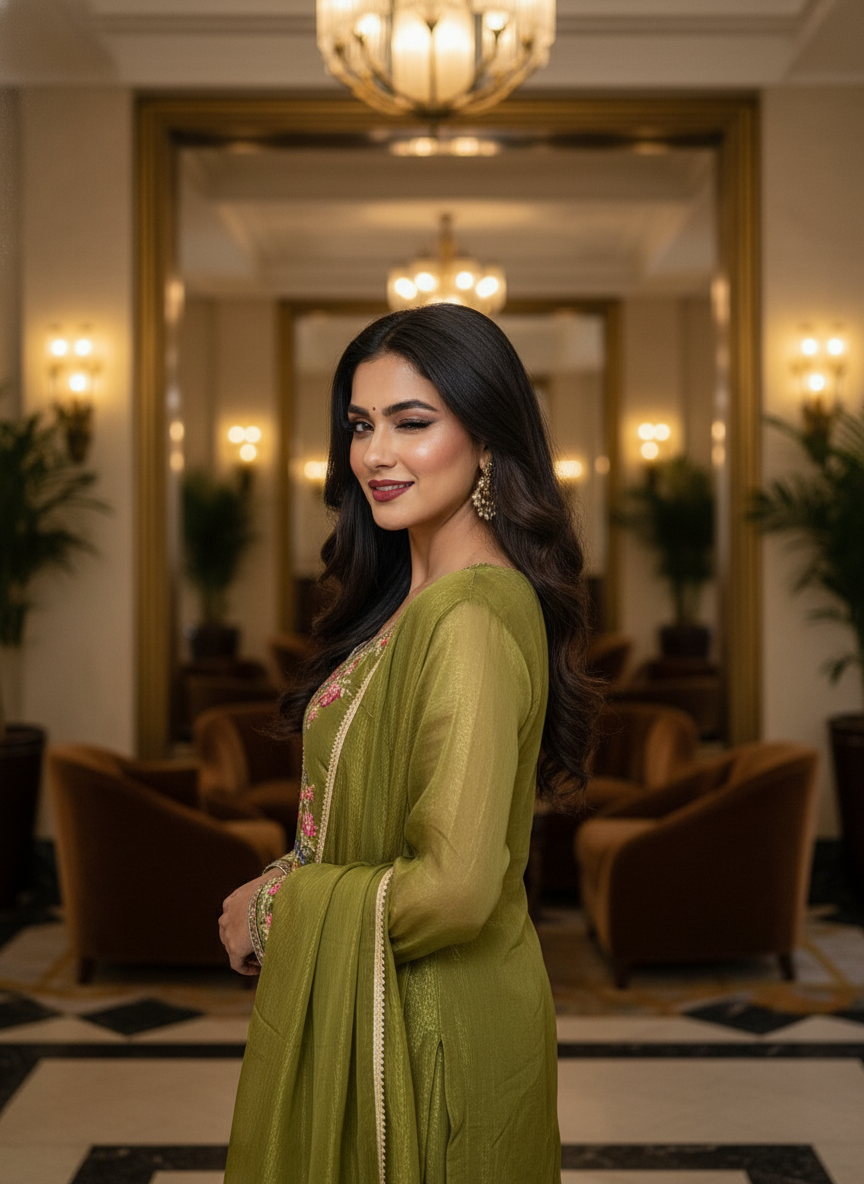 Olive Green Embroidered Kurta Set with Palazzo & Dupatta - Image 2