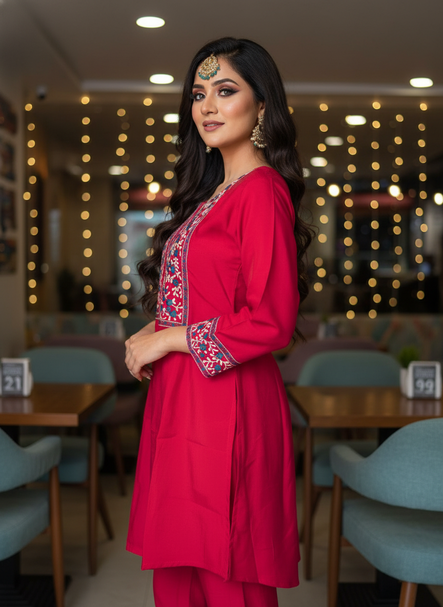 Pink Muslin Thread Embroidered Kurta Pant Co-Ord Set for Women - Image 4