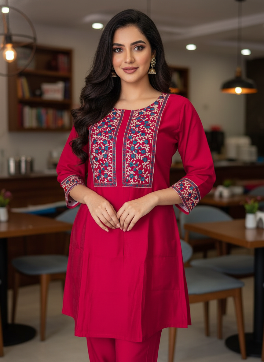 Pink Muslin Thread Embroidered Kurta Pant Co-Ord Set for Women - Image 5