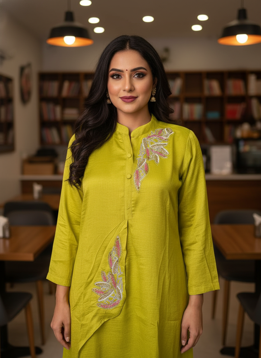 Lemon Yellow Muslin Coord Set with Cut Dana Patch Work - Image 4