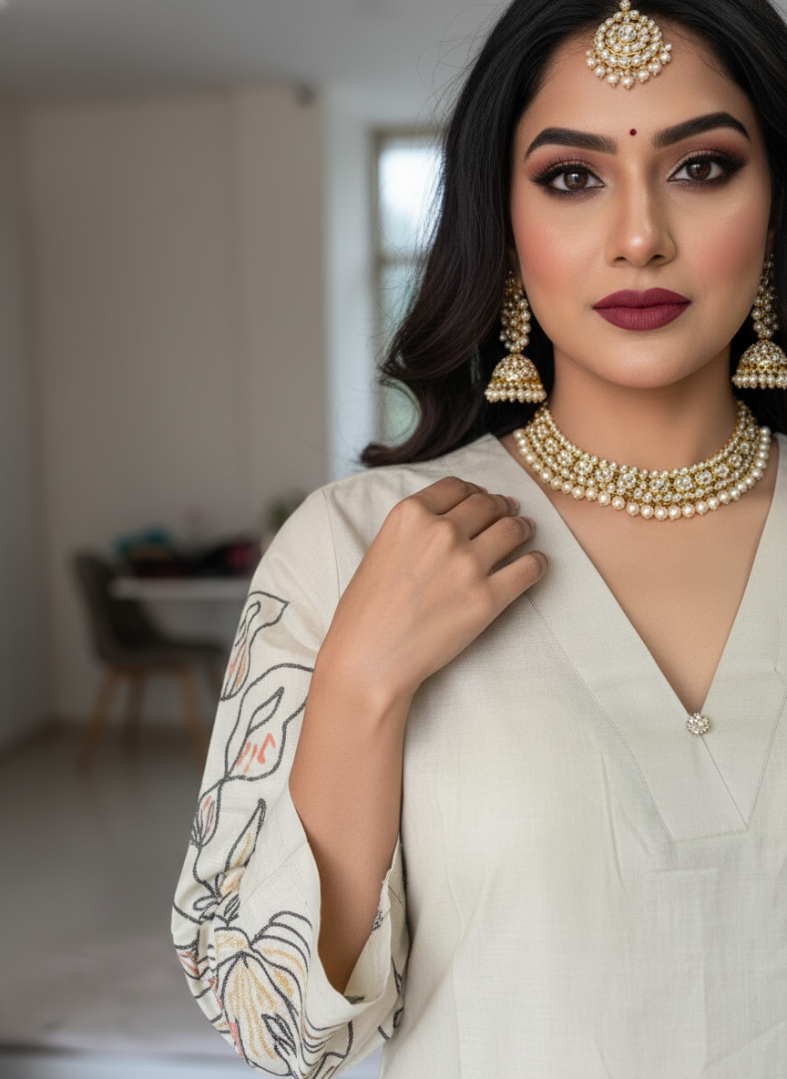 Beige Pure Cotton Kurta Set with Thread Work Floral Detailing - Image 2