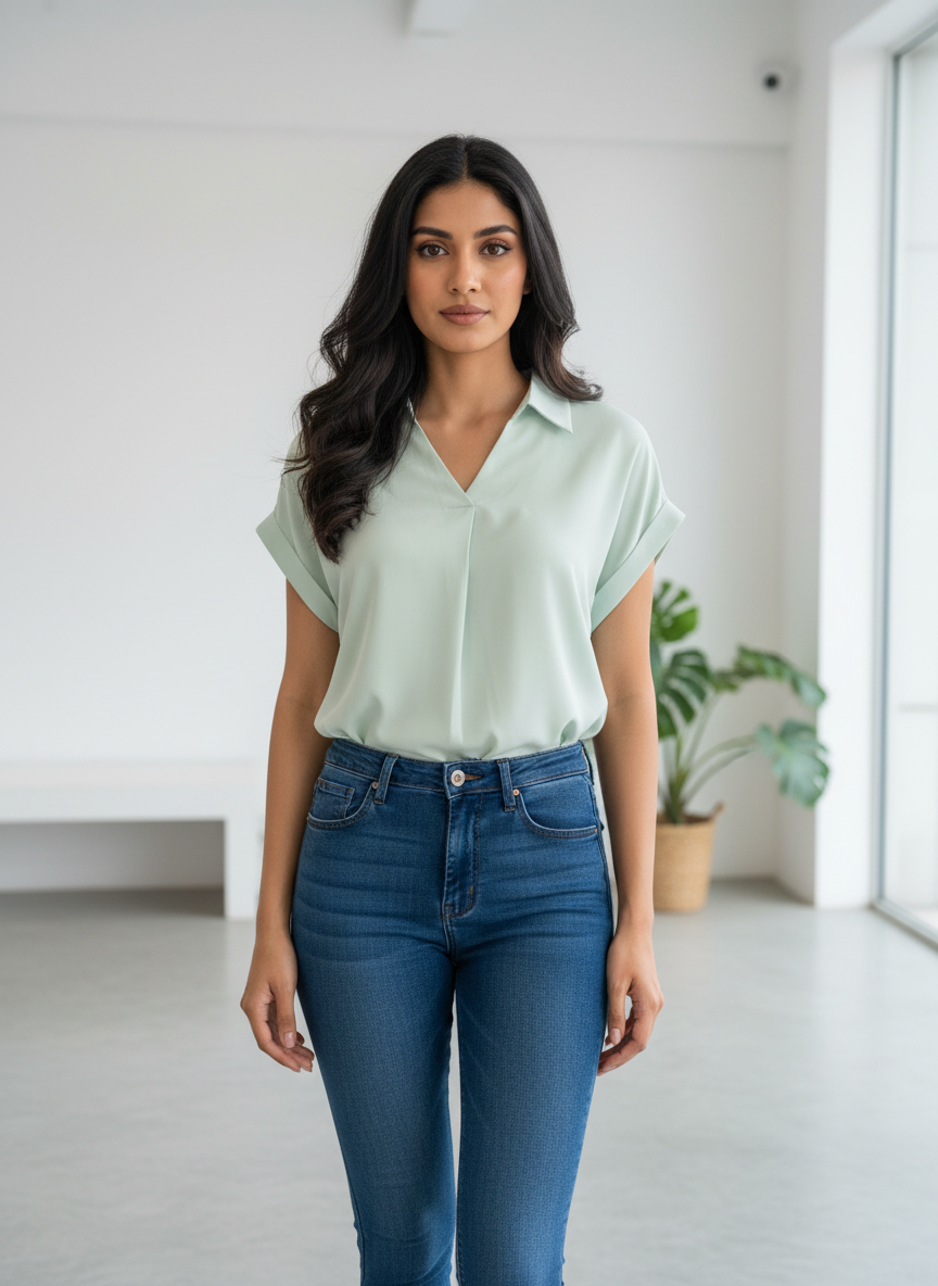 Women’s Mint Green Solid Casual Top with V-Neck - Image 2